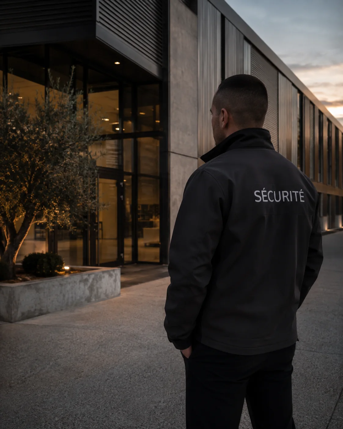 Illustration d’un agent de sécurité à l’entrée d’un bâtiment professionnel